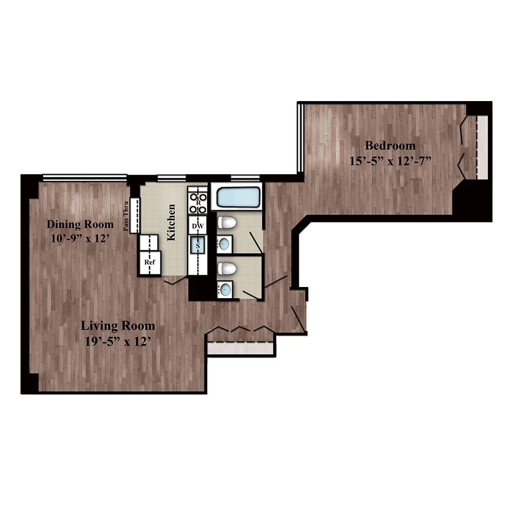 Residence G one bed, one bath floor plan layout on floors 10-27 at 280 Gramercy Place