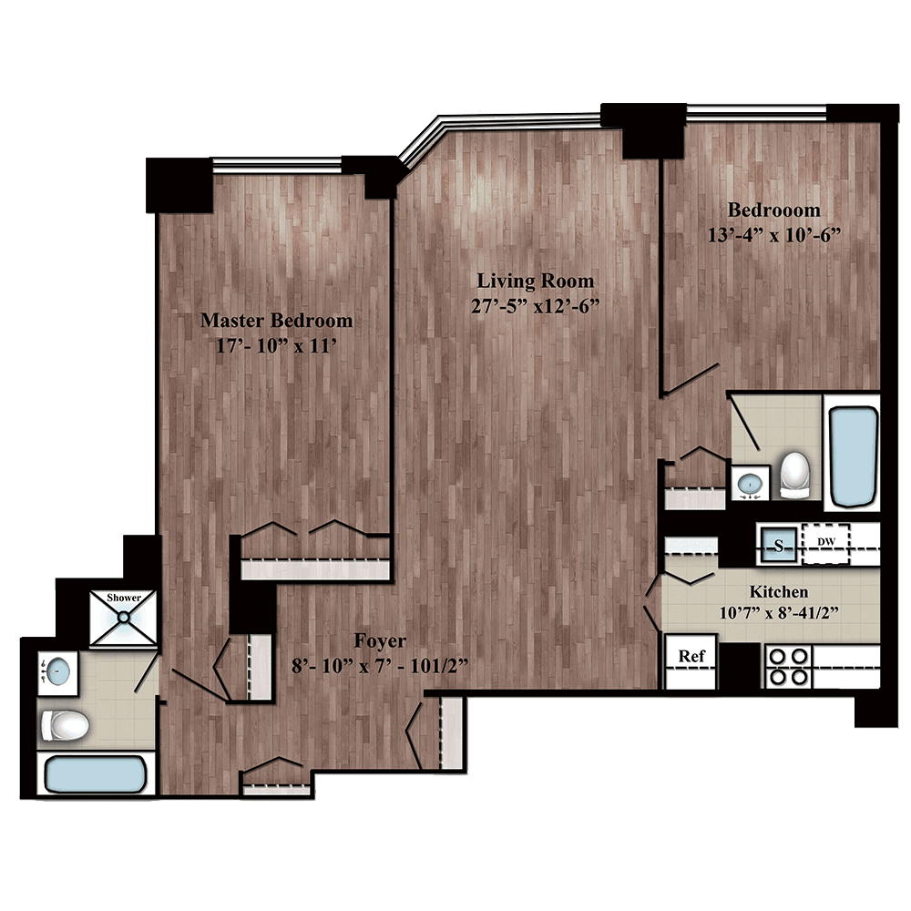 Residence B two bed, two bath floor plan layout on floors 7-27 at 280 Gramercy Place