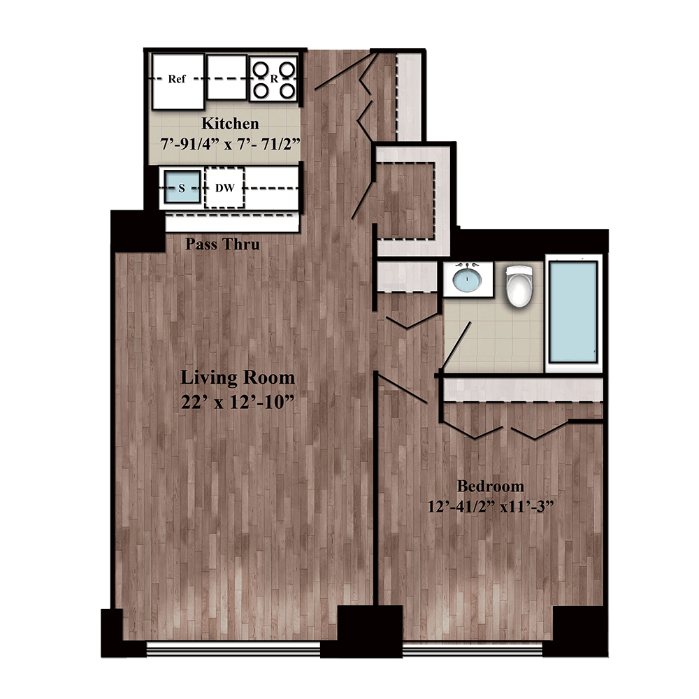 Residence D one bed, one bath floor plan layout on floors 6-26 at 280 Gramercy Place