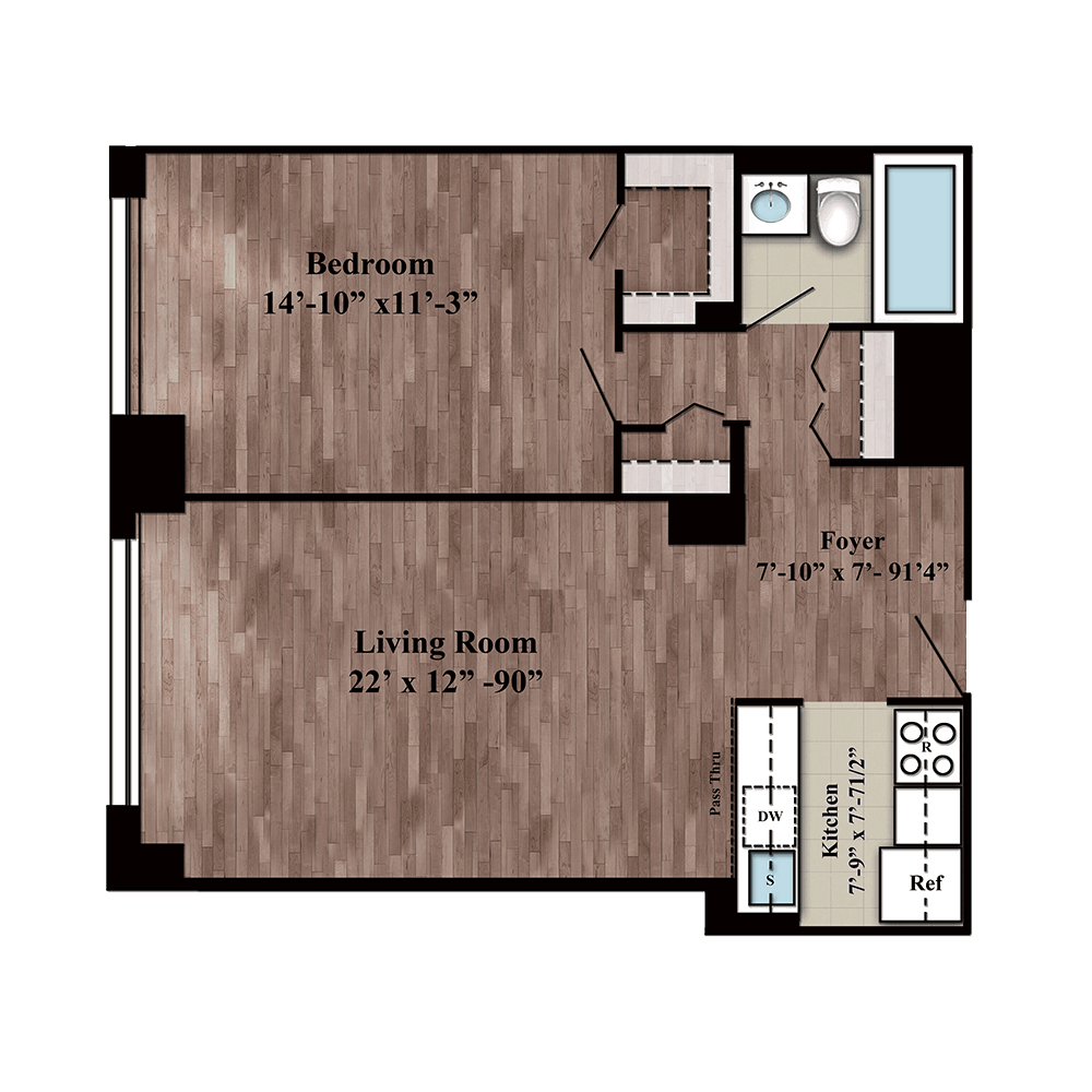 Residence E one bed, one bath floor plan on floors 2-26 at 280 Gramercy Place