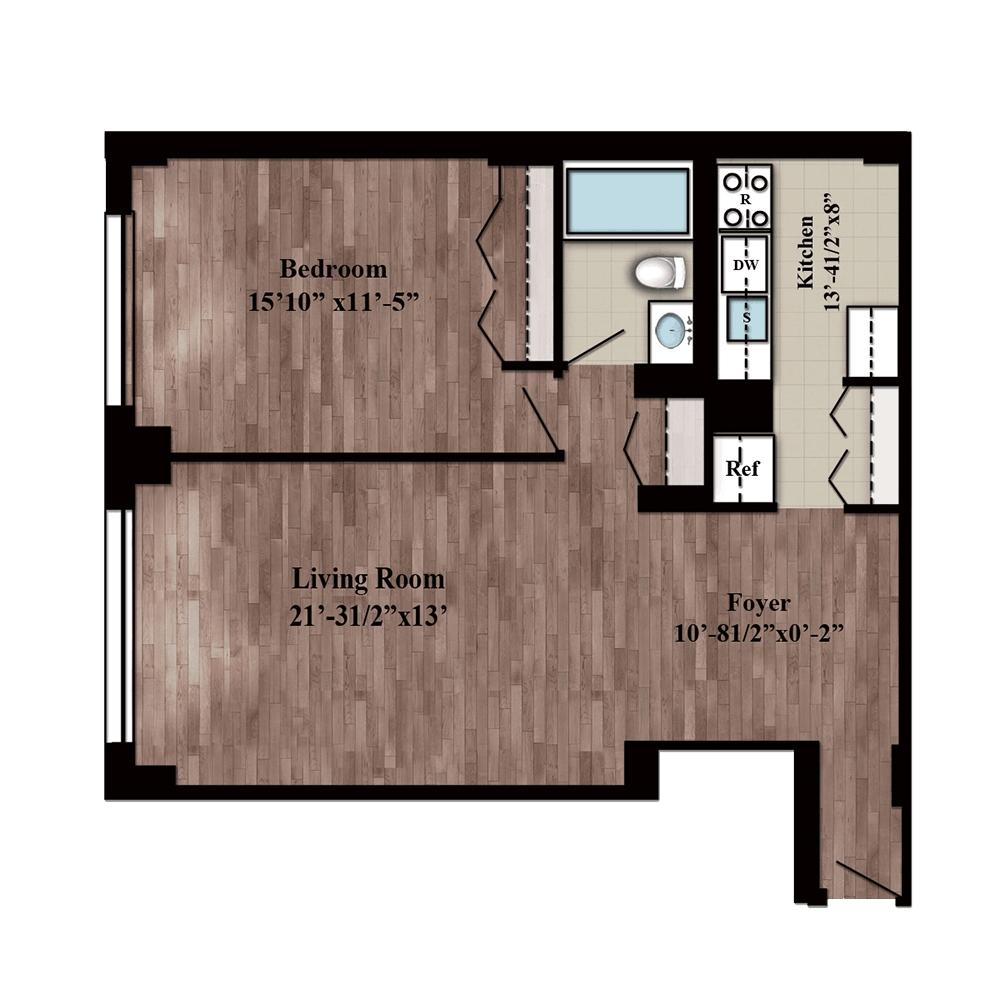 Residence G one bed, one bath floor plan layout on floors 2-14 at 280 Gramercy Place