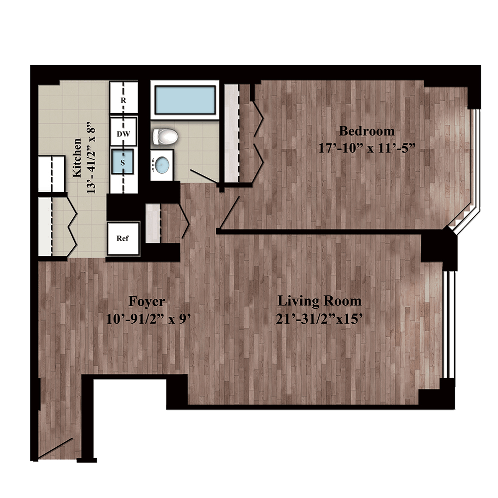 Residence H one bed, one bath floor plan layout on floors 2-14 at 280 Gramercy Place