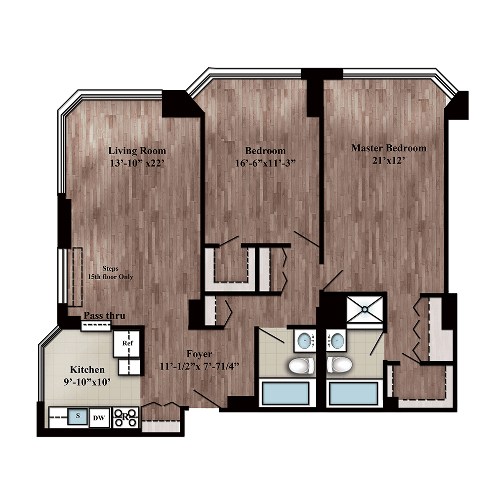 Residence J two bed, two bath floor plan layout on floors 15-24 at 280 Gramercy Place