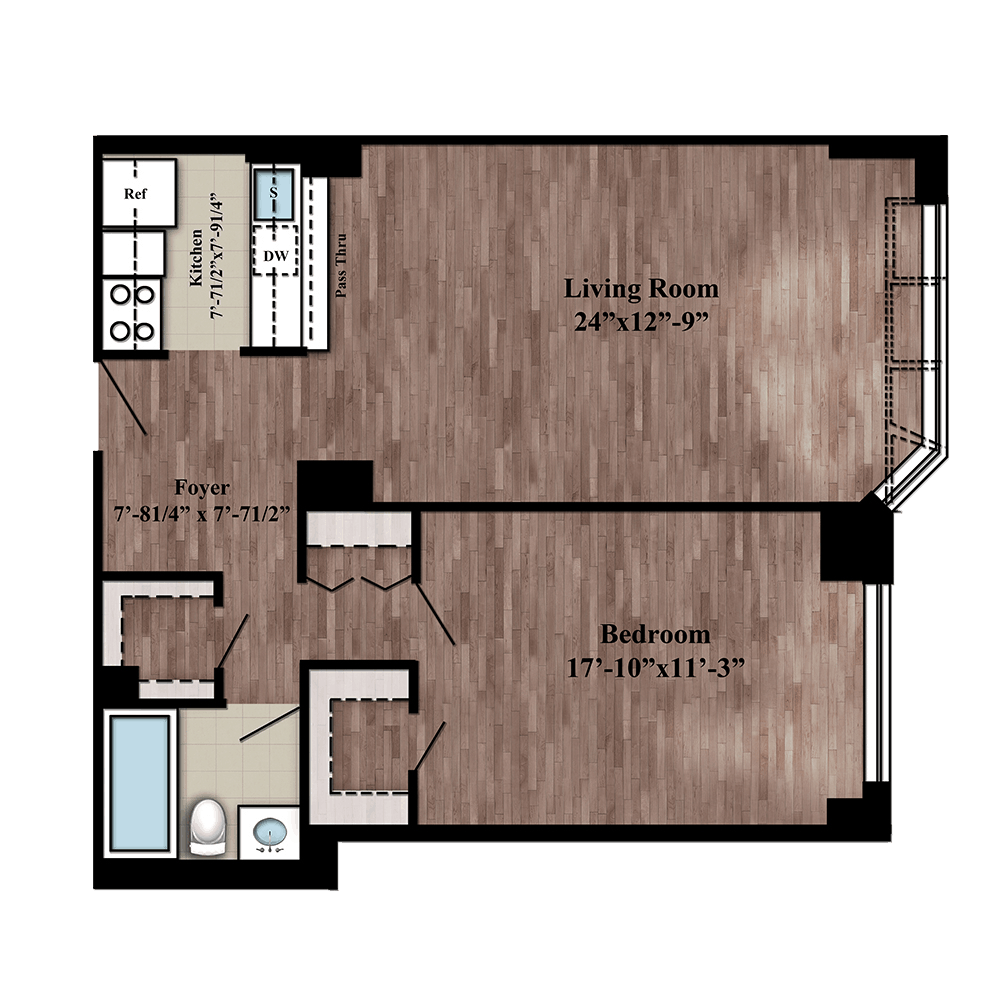 Residence K one bed, one bath floor plan layout on floors 2-14 at 280 Gramercy Place