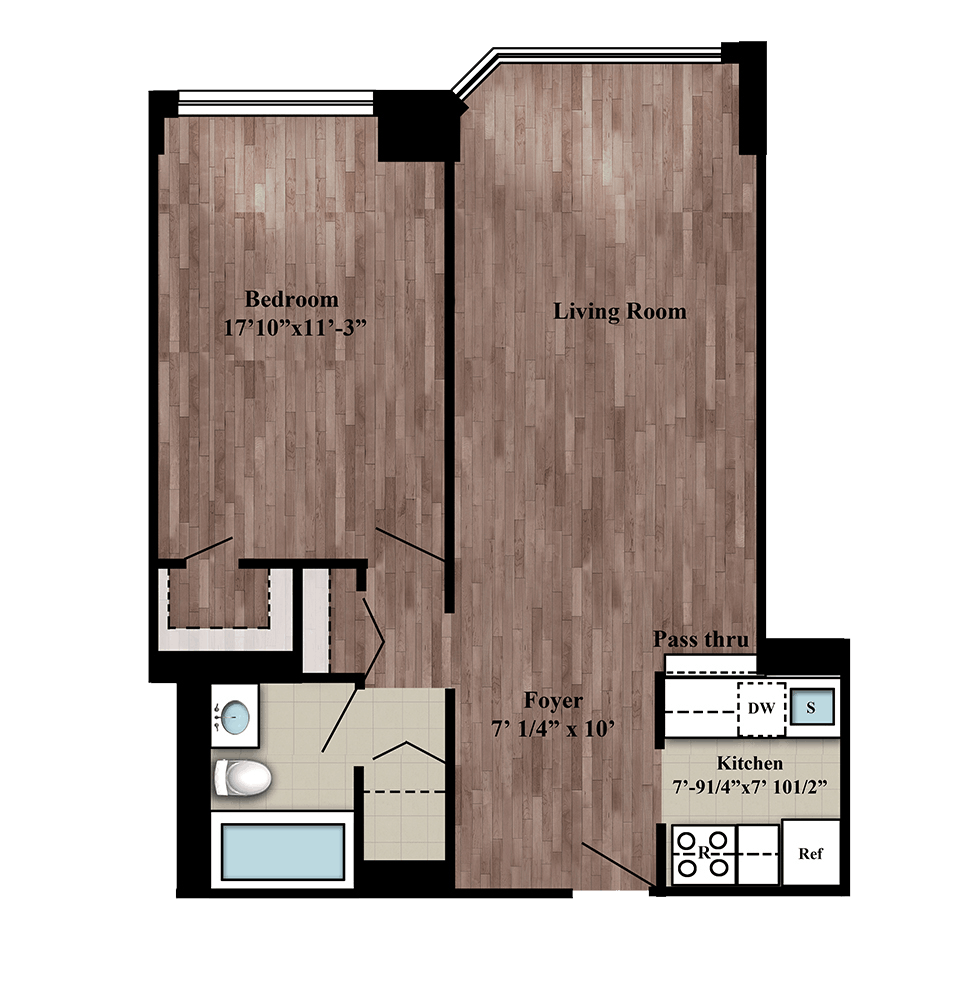 Residence L one bed, one bath floor plan layout on floors 2-14 at 280 Gramercy Place