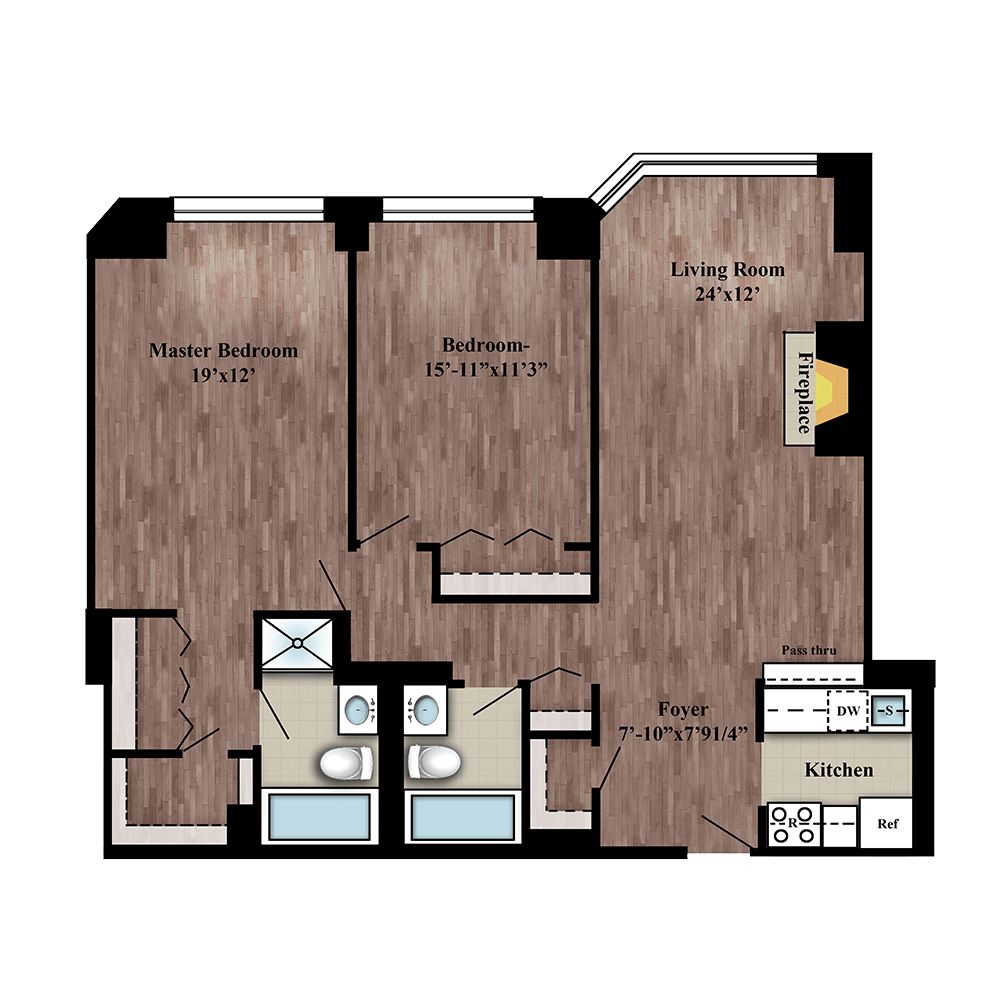 Residence L two bed, two bath floor plan layout on floors 15-26 at 280 Gramercy Place