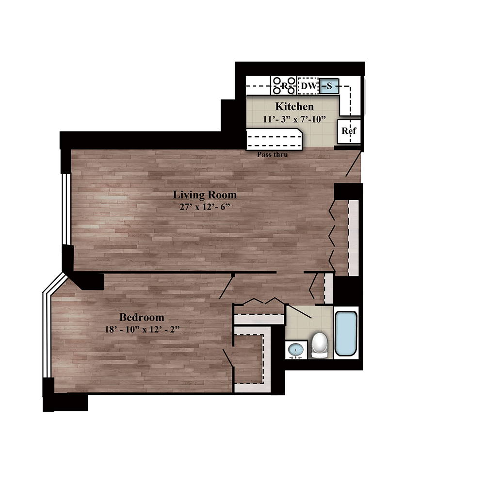 Residence M one bed, one bath floor plan layout on floors 2-14 at 280 Gramercy Place