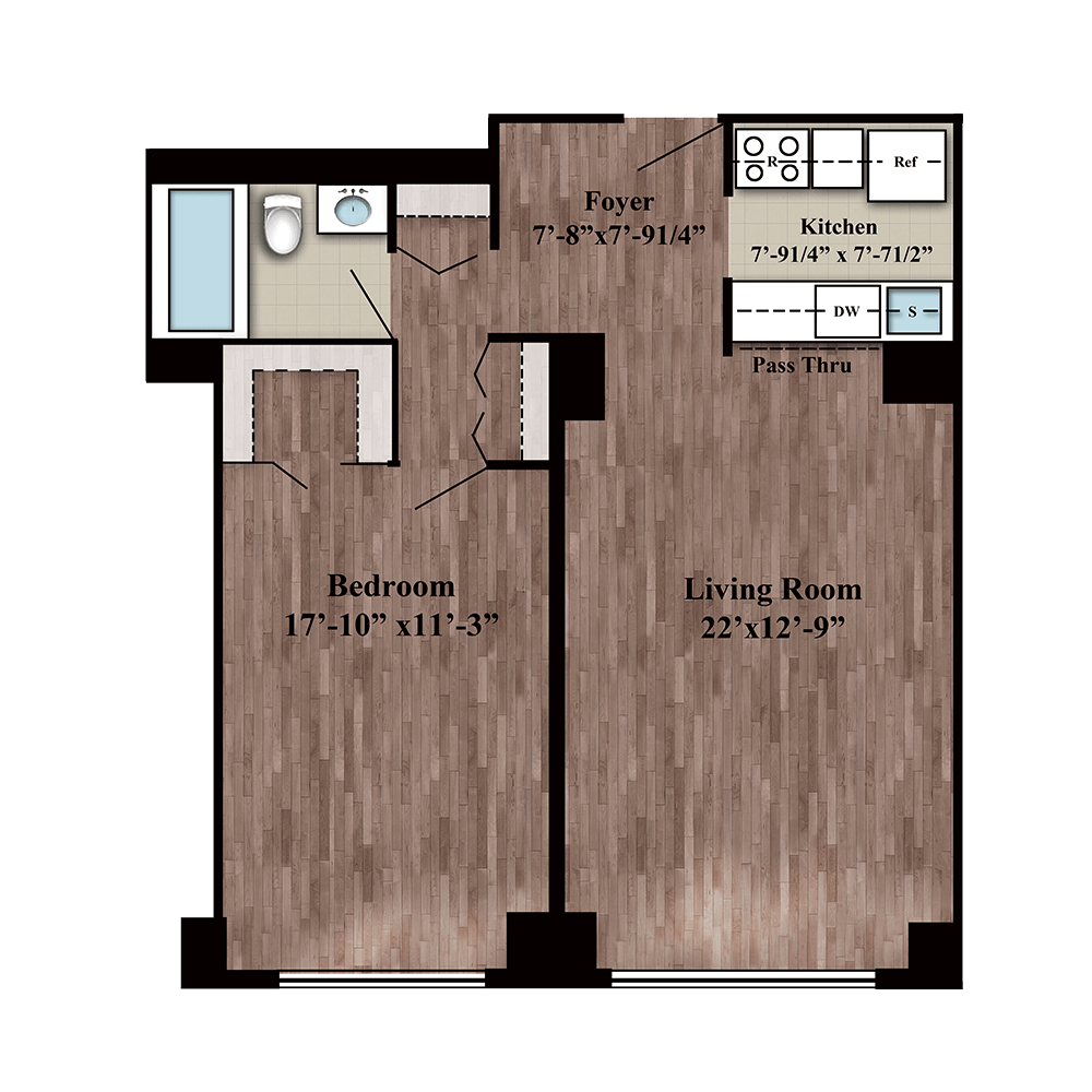Residence F one bed, one bath floor plan on floors 1-12 at 280 Gramercy Place