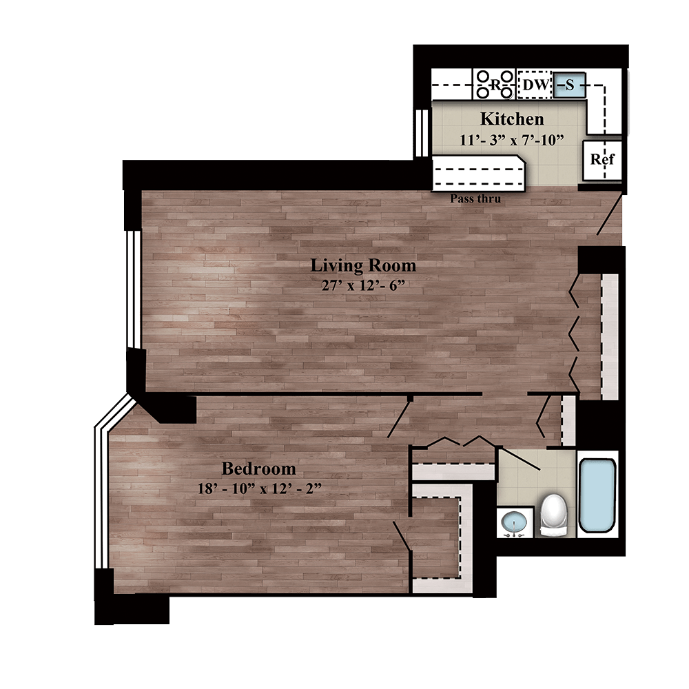 Residence M one bed, one bath floor plan layout on floor 17 at 280 Gramercy Place